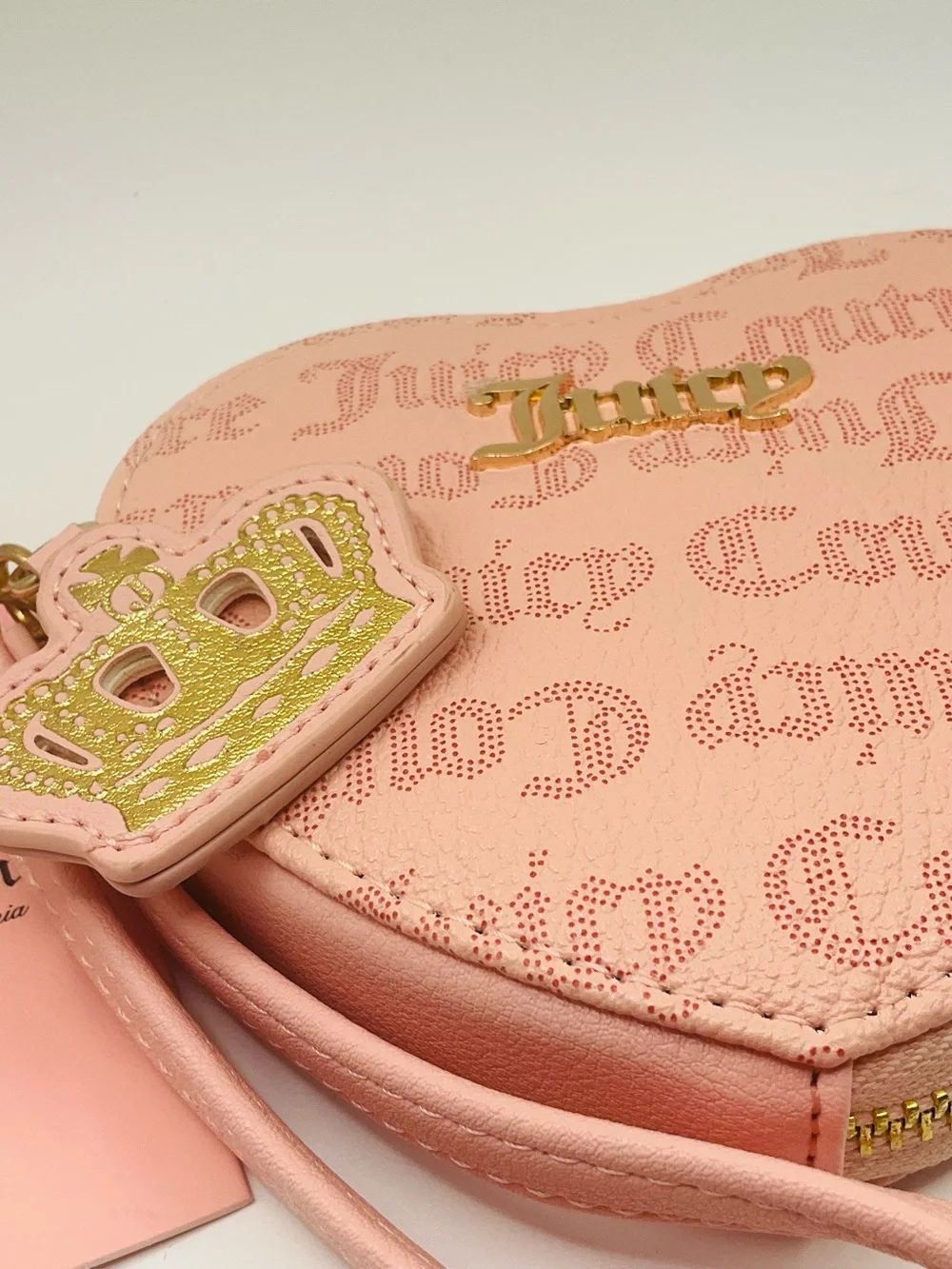 NWT Juicy Couture Pink Heart Wristlet Coin Purse Crown Zip Pull - Macaroon Dots